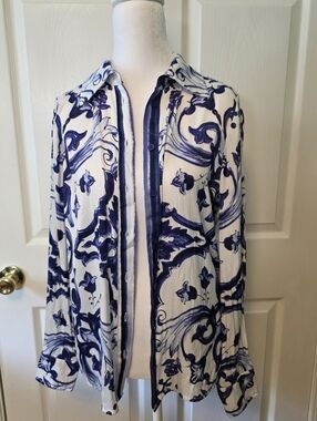Rachel Zoe Blue White Baroque Tile Print Button Front Blouse XS
